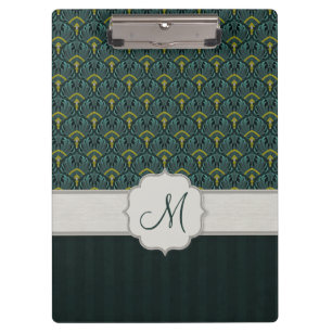 Teal Peacock Fans and Stripes with Monogram Clipboard