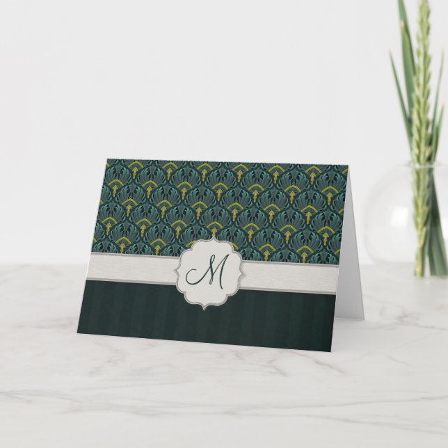 Teal Peacock Fans and Stripes with Monogram Note Card (Front)