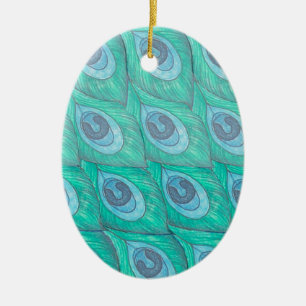 Teal Peacock Feather Pattern Design Ceramic Tree Decoration