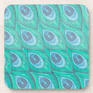 Teal Peacock Feather Pattern Design Coaster