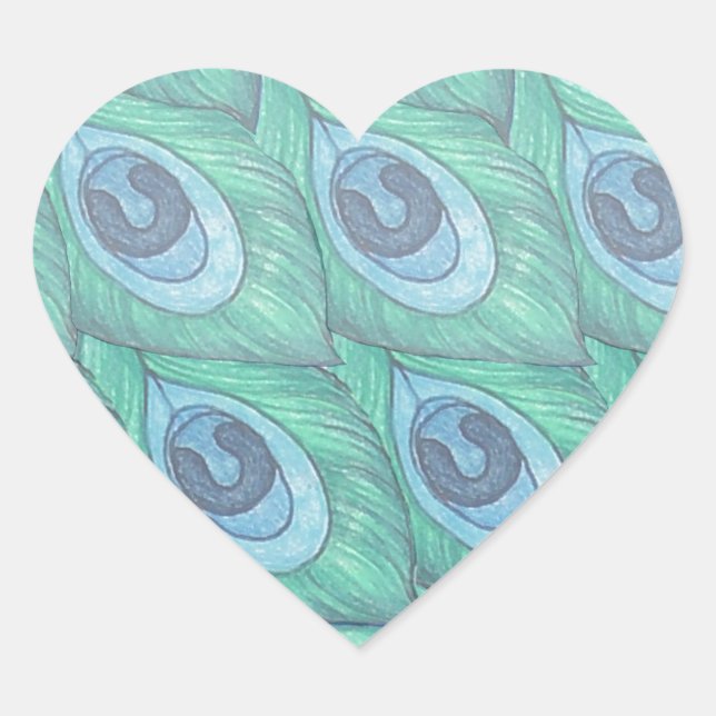 Teal Peacock Feather Pattern Design Heart Sticker (Front)