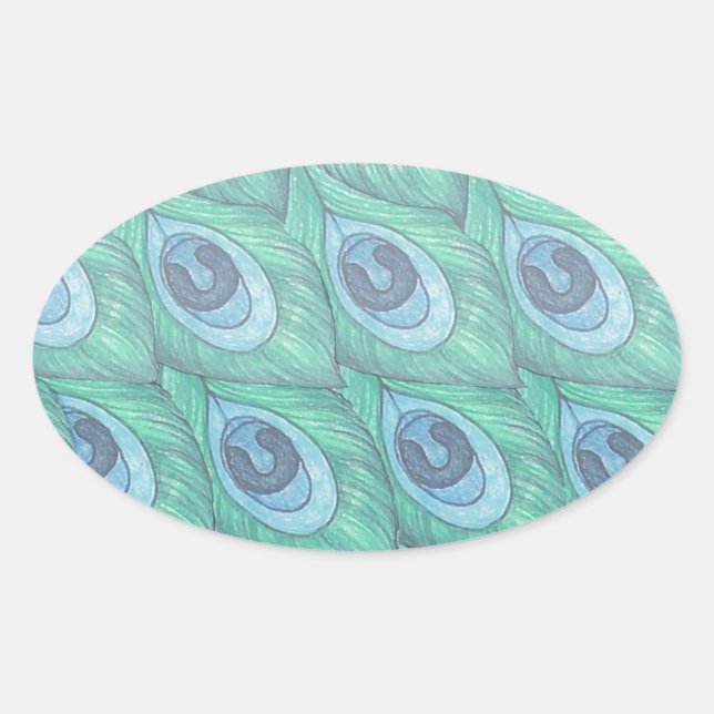 Teal Peacock Feather Pattern Design Oval Sticker (Front)