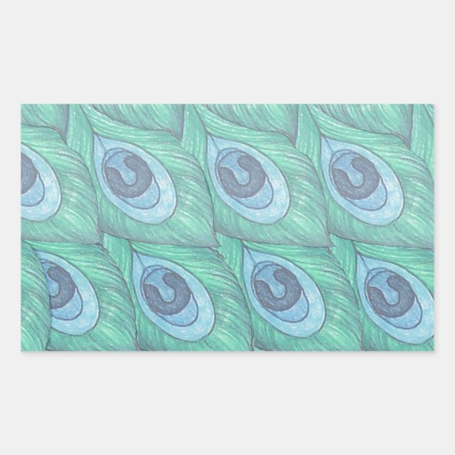 Teal Peacock Feather Pattern Design Rectangular Sticker (Front)