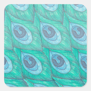 Teal Peacock Feather Pattern Design Square Sticker