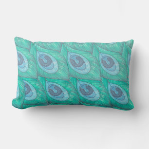 Teal Peacock Feather Pattern ~ Lite Blue Back Lumbar Cushion