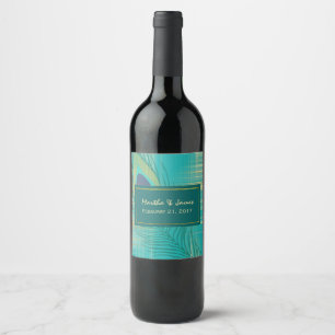 Teal Peacock Feather Wedding Wine Label