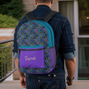 Teal Peacock Feathers and Purple Gold Monogram Printed Backpack