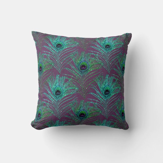 Teal Peacock Feathers on Purple Cushion (Front)