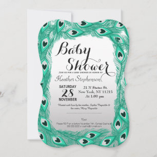 Teal Peacock Feathers on White to Grey Gradient Invitation