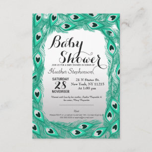 Teal Peacock Feathers on White to Grey Gradient Invitation