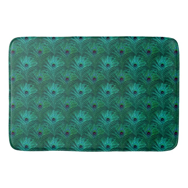 Teal Peacock Feathers Pattern  Bath Mat (Front)