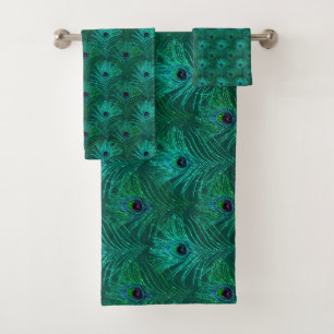 Teal Peacock Feathers Pattern  Bath Towel Set