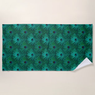 Teal Peacock Feathers Pattern Beach Towel