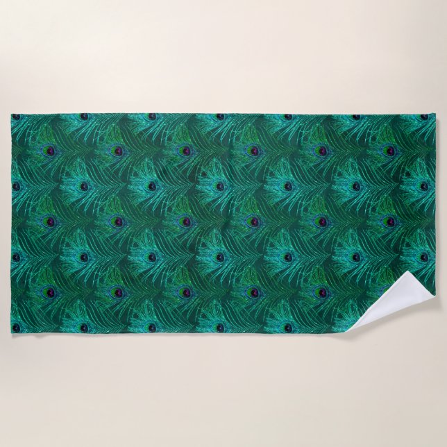 Teal Peacock Feathers Pattern  Beach Towel (Front)