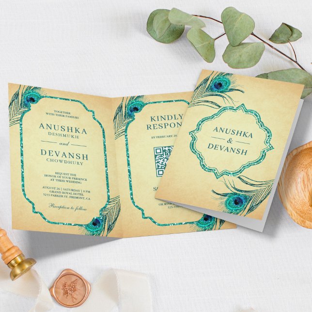 Teal Peacock Feathers QR Code Indian Wedding Invitation (Creator Uploaded)