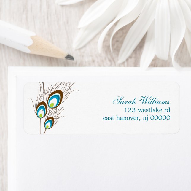 Teal Peacock Feathers Return Address Label (Insitu)
