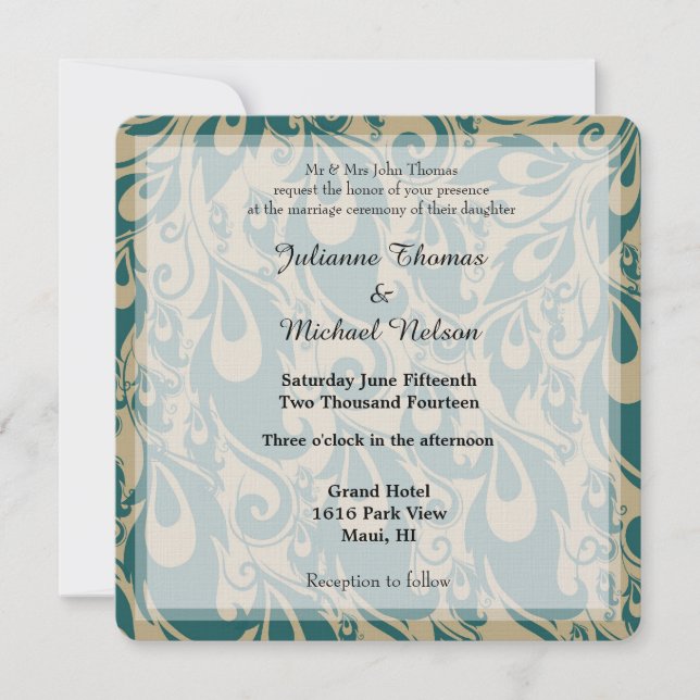 Teal Peacock Feathers Wedding Invitation (Front)