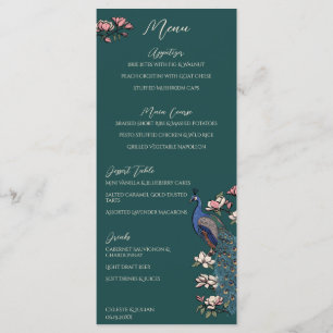 Teal Peacock Hand-Drawn Wedding Menu