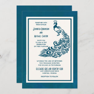 Teal Peacock l Bold Stylish Art Deco Design Invitation