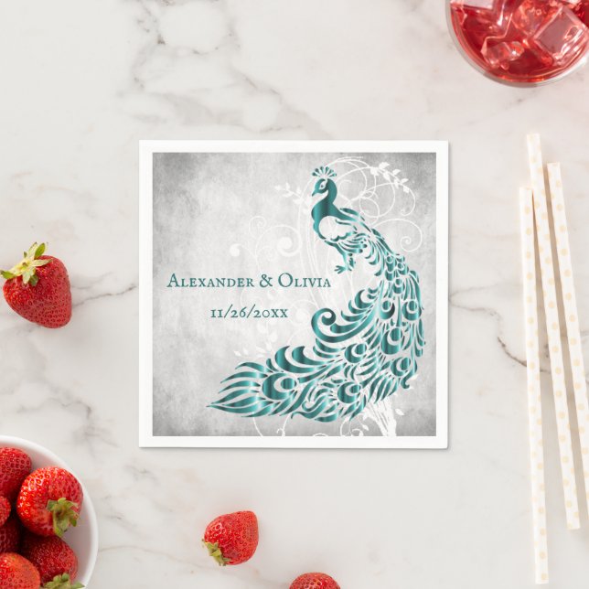 Teal Peacock Leaf Vine Bridal Shower Napkin (Insitu)