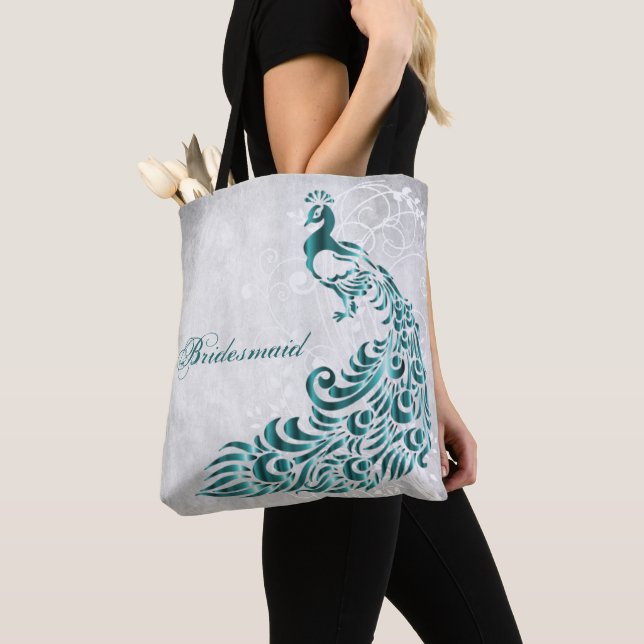Teal Peacock Leaf Vine Bridesmaid Tote (Close Up)
