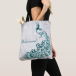 Teal Peacock Leaf Vine Bridesmaid Tote Bag<br><div class="desc">Personalise a all over print bag for your bridesmaids with a Teal Peacock Leaf Vine Bridesmaid's Tote Bag. Tote design features a light grey grunge background with a vibrant teal peacock with a leaf vine embellishment. Personalise with the bridesmaid's name or keep the bridesmaid title. Additional wedding stationery and gifts...</div>