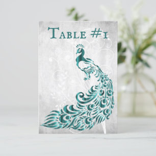 Teal Peacock Leaf Vine Table Card