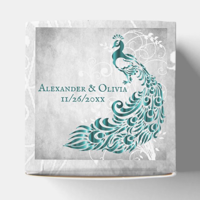 Teal Peacock Leaf Vine Wedding Favour Box (Top)