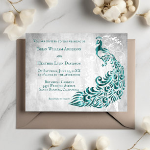 Teal Peacock Leaf Vine Wedding Invitation