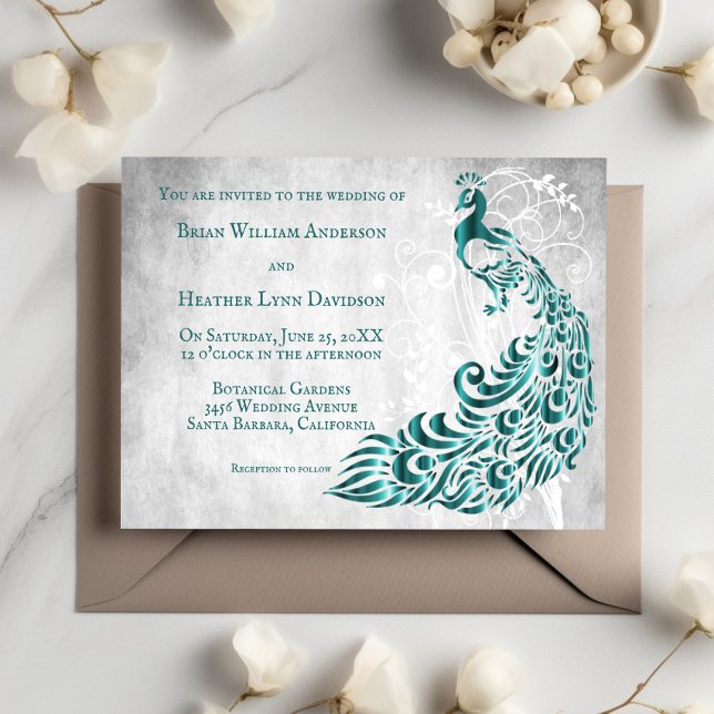 Teal Peacock Leaf Vine Wedding Invitation (Teal Peacock Leaf Vine Wedding Invitation)