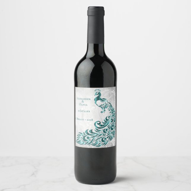 Teal Peacock Leaf Vine Wedding Wine Label (Front)