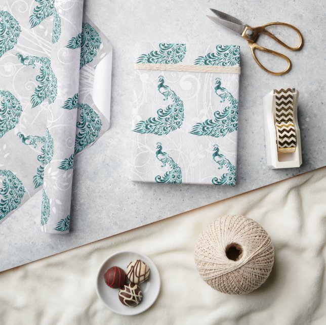 Teal Peacock Leaf Vine Wedding Wrapping Paper (Crafts)
