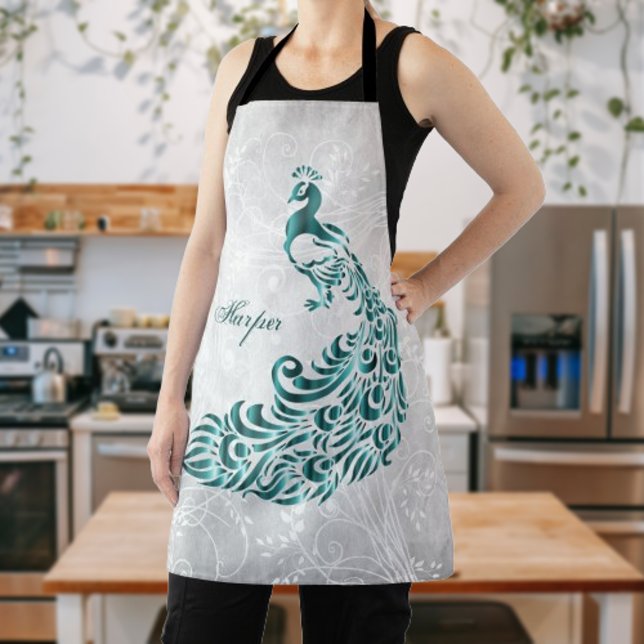 Teal Peacock Personalise Print Apron (Teal Peacock Personalized Apron)
