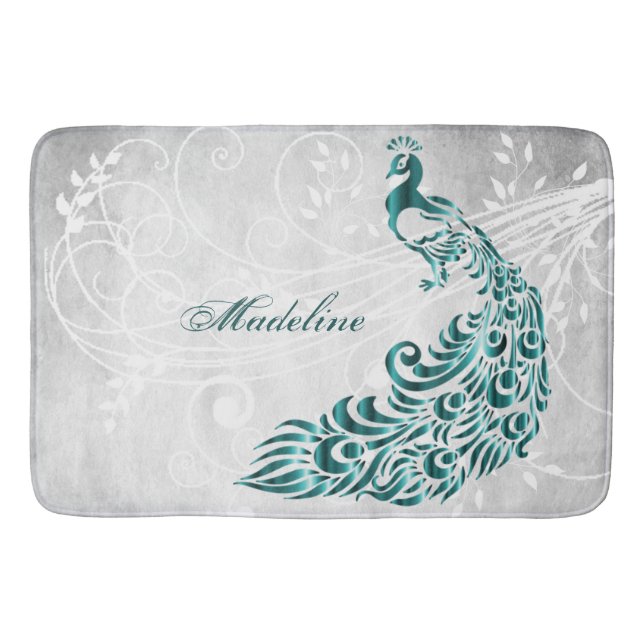 Teal Peacock Personalised Bath Mat (Front)