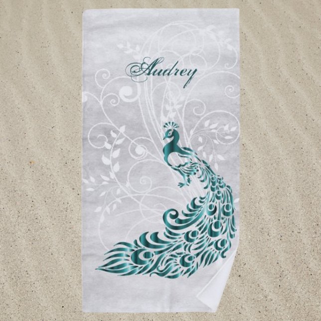 Teal Peacock Personalised Beach Towel (Teal Peacock Personalized Beach Towel)