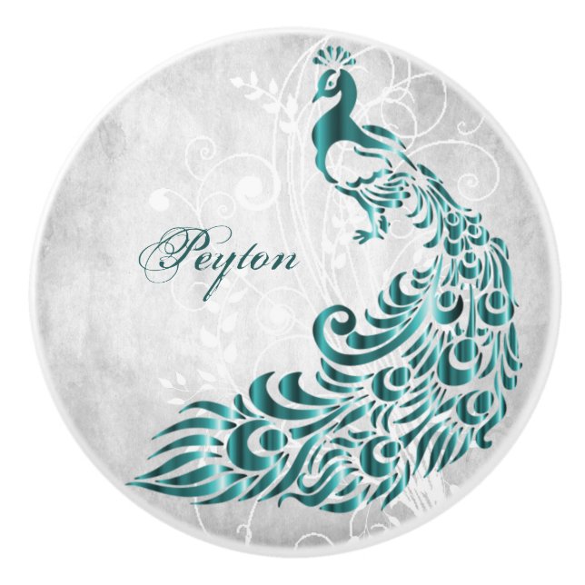 Teal Peacock Personalised Ceramic Knob (Front)