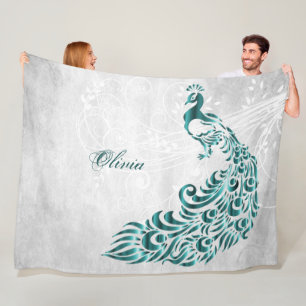 Teal Peacock Personalised Fleece Blanket