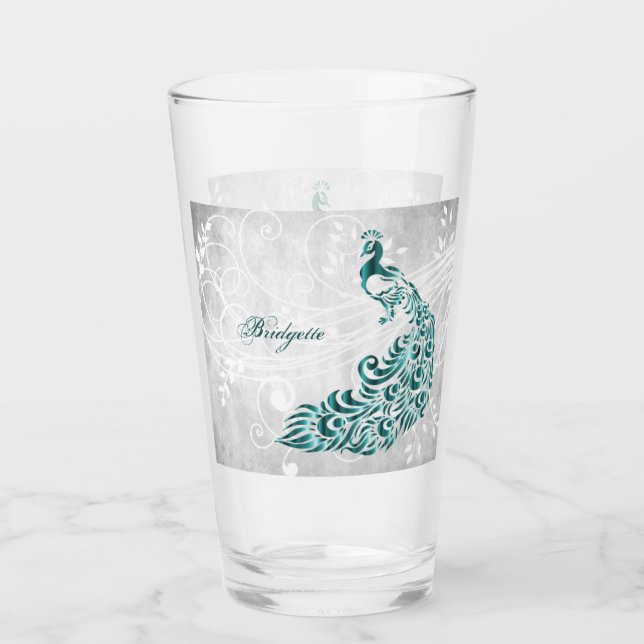 Teal Peacock Personalised Glass Cup (Front)