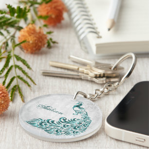 Teal Peacock Personalised Keychain