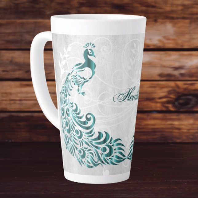 Teal Peacock Personalised Latte Mug (Teal Peacock Personalized Latte Mug)