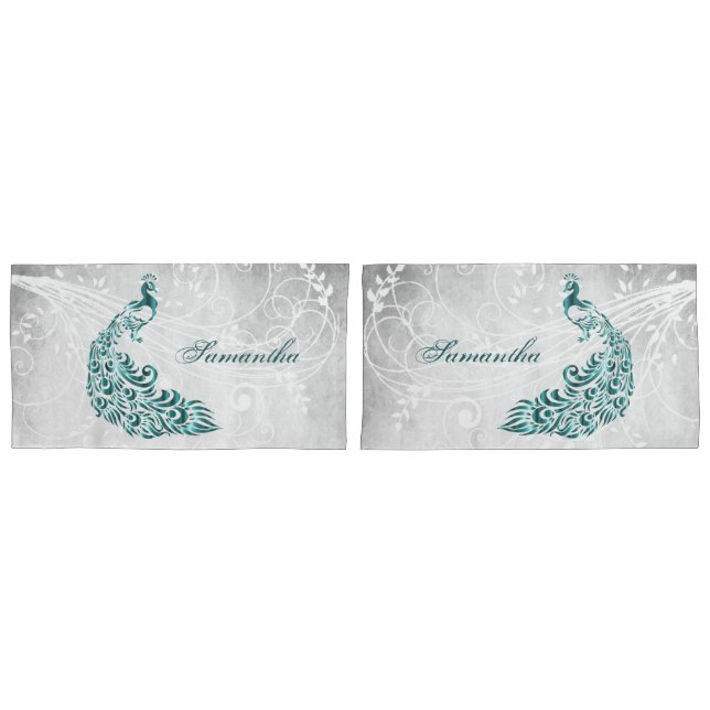 Teal Peacock Personalised Pillowcases (Front-Set)