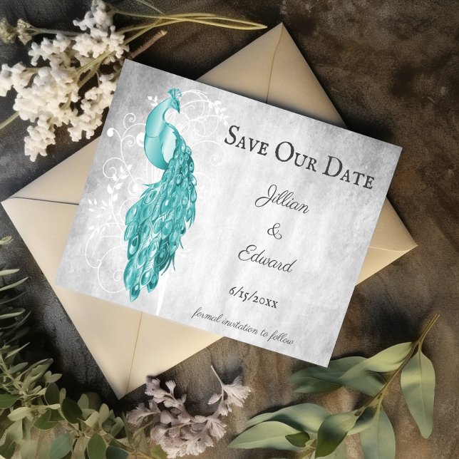 Teal Peacock Save The Date Announcement (Teal Peacock Save the Date)