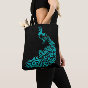 Teal Peacock Silhouette Black Tote Bag