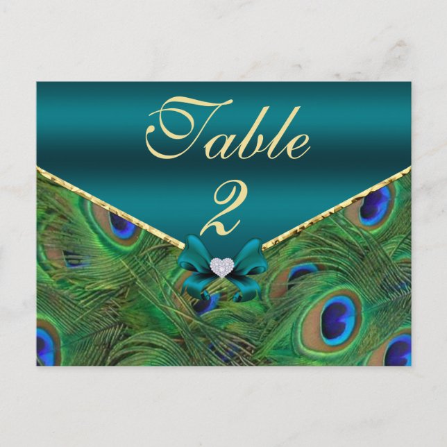 Teal Peacock Table Number Card (Front)