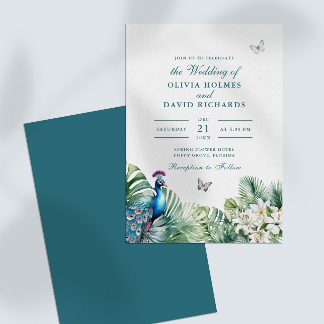 Teal Peacock Tropical Flowers Butterfly Wedding Invitation (Teal Peacock Tropical Flowers Butterfly Wedding Invitation on a white table)