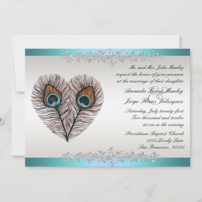 Teal Peacock Wedding Invitation (Front)