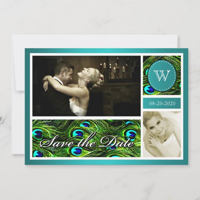 Teal Peacock Wedding Save the Date Photo Cards (Front)
