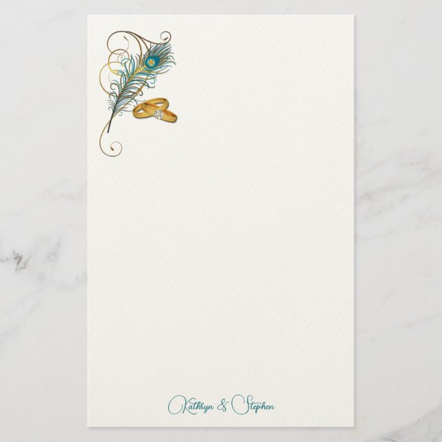 Teal Peacock Wedding with Gold Wedding Bands Stationery (Front)