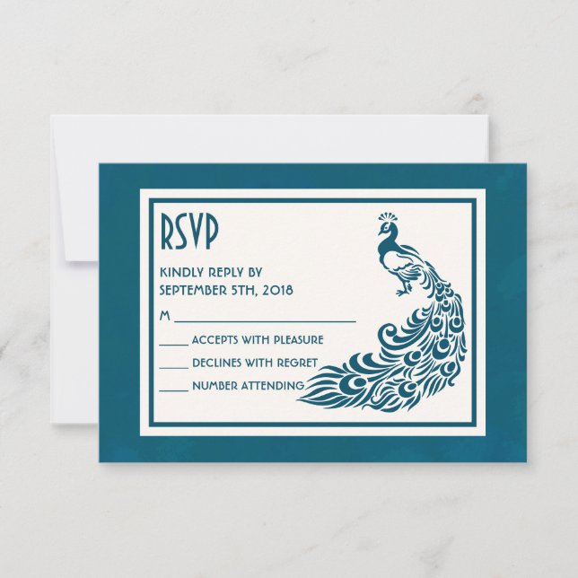 Teal Peacockl Bold Stylish Art Deco Design RSVP (Front)