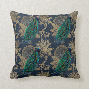 Teal Peacocks on Blue and Gold Cushion